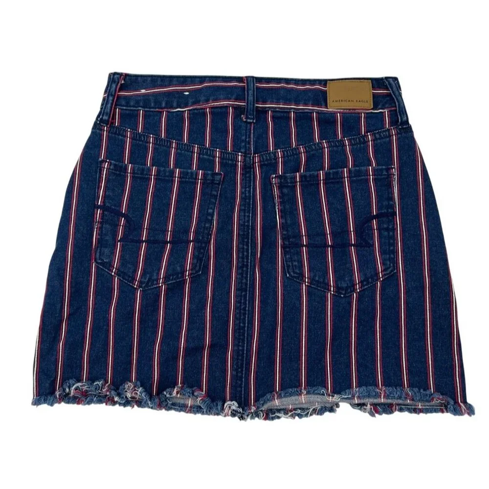 American Eagle Womens Striped Denim Mini Skirt Super‎ Stretch Size 2 Blue/Red